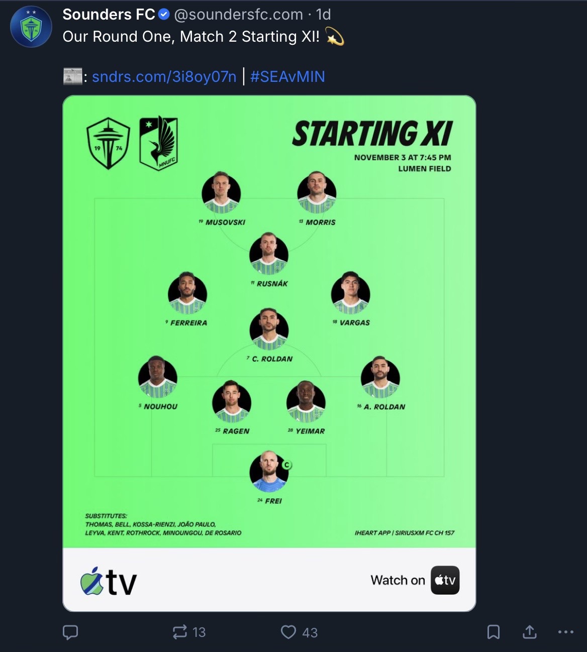 Seattle Sounders lineup vs Minnesota United FC in Game 2